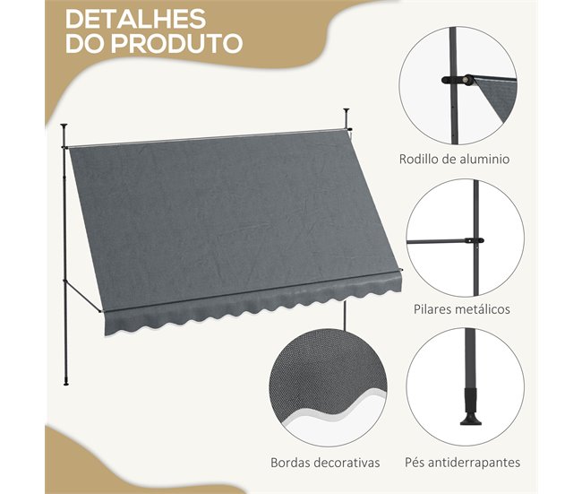 Toldo Manual Retrátil Alumínio, Metal e Poliéster Outsunny Cinza