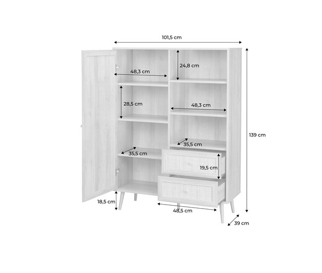 Aparador de arrumação em madeira e cana 1 porta, 2 gavetas 101 Madeira