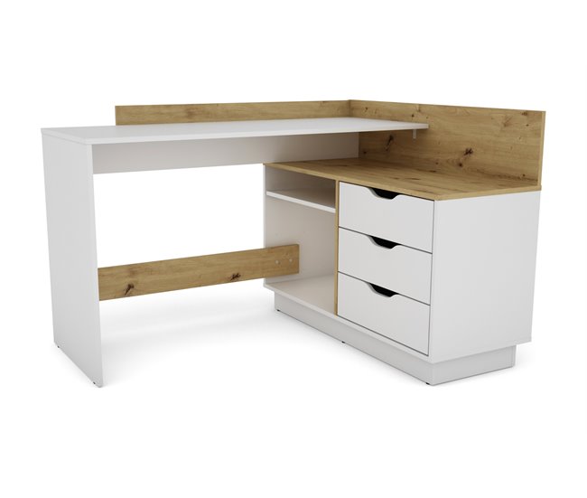 Secretária de escritório ARCO 3 gavetas branco e artesanal Carvalho