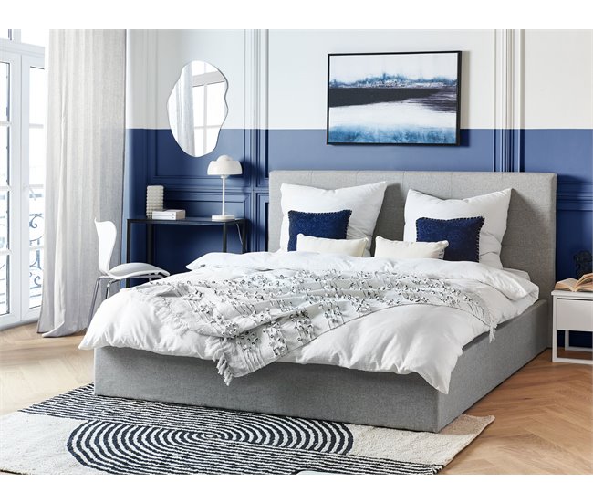 Beliani Cama com armazenamento Poliéster LORIENT 197x216 Cinza Claro