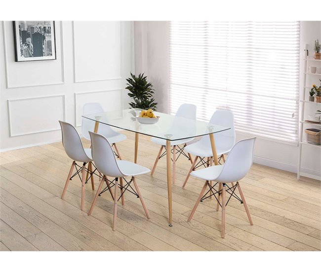 Pacote de mesa de vidro temperado + 6 cadeiras estilo nórdico Transparente