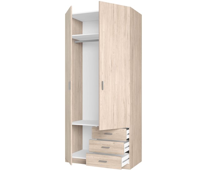 Guarda-roupa Roma com 2 portas e 3 gavetas, estilo moderno Madeira Clara
