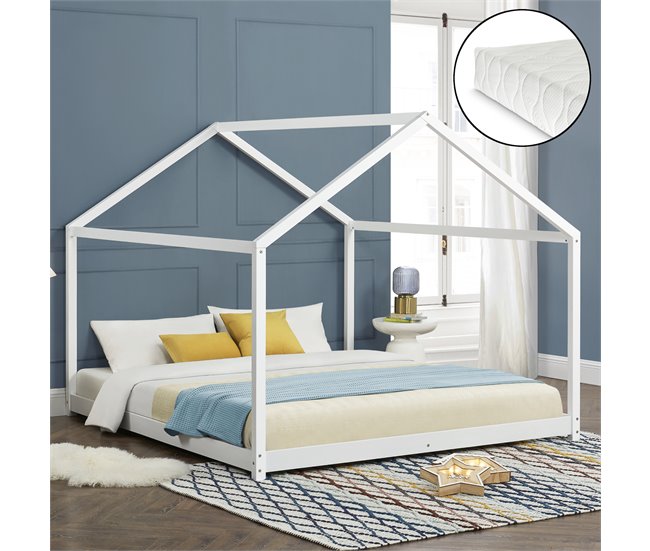 Cama de criança Cerro com colchão em forma de casa 206x186 Branco/ Bege