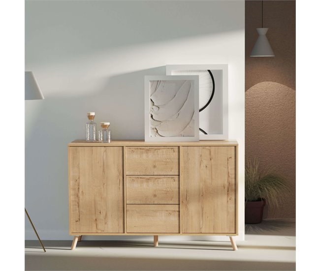 Aparador Oslo com 3 gavetas e 2 portas de abertura por pressão Madeira Clara