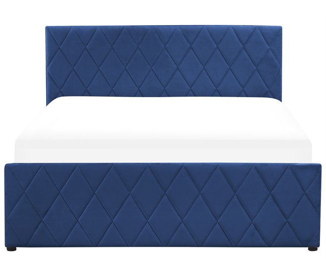 Beliani Cama com armazenamento Veludo ROCHEFORT 150x214 Azul Marino