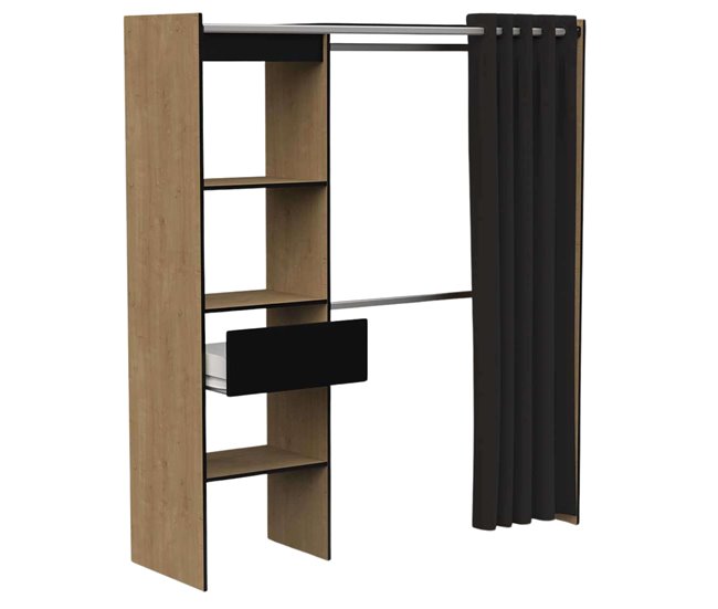 Guarda-roupa extensível com barras e gaveta Preto/ Madeira