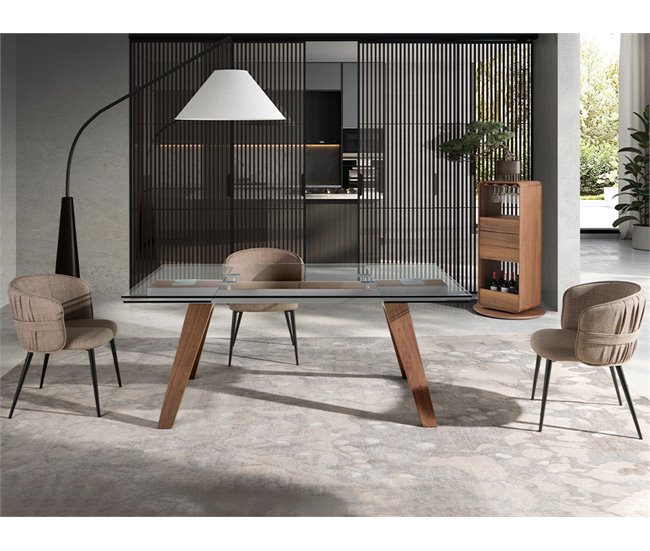 ANGEL CERDA Mesa de jantar extensível retangular vidro temperado e nogueira 270x100 Nogal