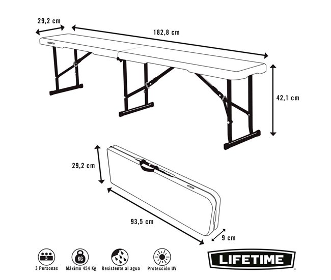 Banco plegable ultrarresistente 454 kg LIFETIME 183x29x42 cm UV100 Branco