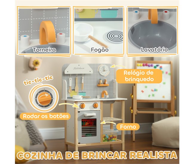 Cozinha de Brinquedo MDF e Madeira de Pinho AIYAPLAY Cinza