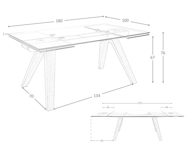 ANGEL CERDA Mesa de jantar extensível retangular vidro temperado e nogueira 270x100 Nogal