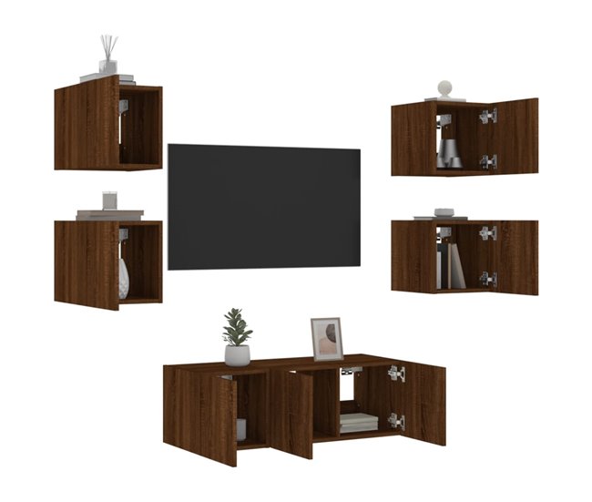 6 pcs móveis parede p/ TV - Módulos de TV 60 Castanho