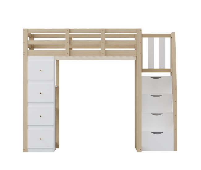 Cama alta 140 x 200 cm - madeira maciça multifuncional com gavetas, cómoda com prateleiras e escada segura - natural