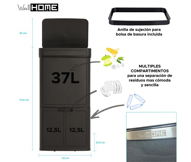 WELL HOME Lixeira com 2 Compartimentos Preto