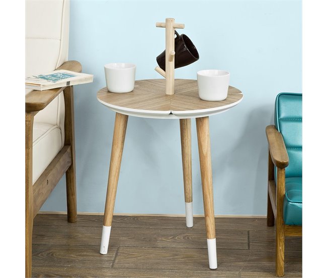 SoBuy Mesa de Café Redonda com Suporte para Xícaras FBT38-WN Branco