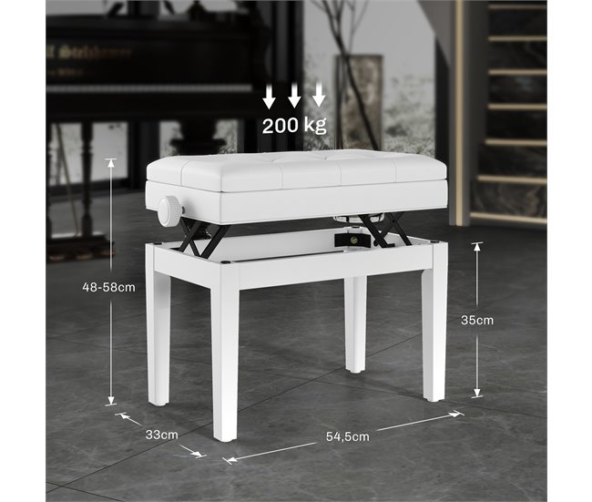 Banco de Piano Madeira de Borracha e Couro Sintético HOMCOM Branco