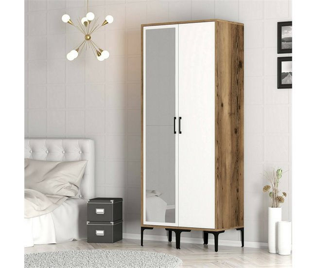 Armário 2 portas com efeito madeira 80 Branco/ Madeira