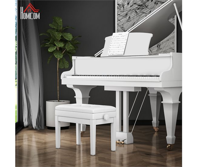 Banco de Piano Madeira de Borracha e Couro Sintético HOMCOM Branco
