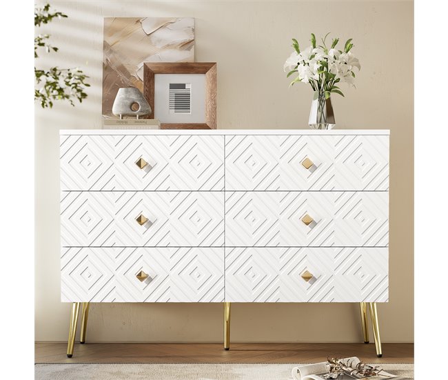 Aparador de 6 gavetas com motivos geométricos e pés 120 Branco