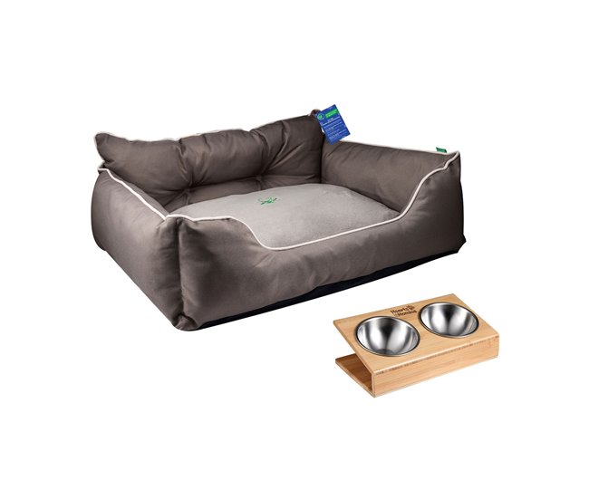 Cama para animais de estimação + comedouro duplo Castanho