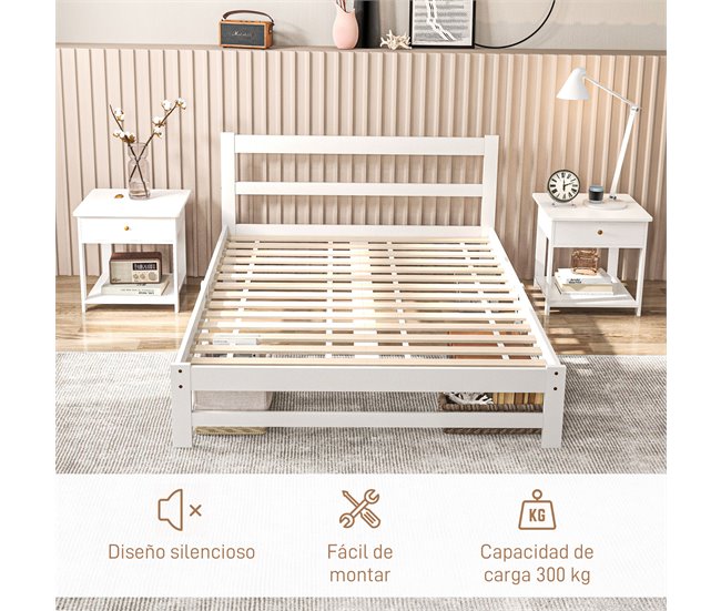 Estrutura de Cama de Casal Madeira de pinho HOMCOM, casa - quarto Branco