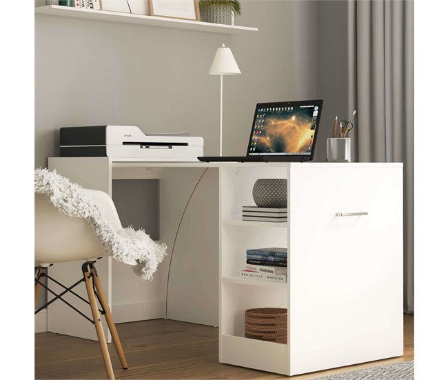 Mesa de escritório Ashe com 3 prateleiras retráteis, melamina Branco