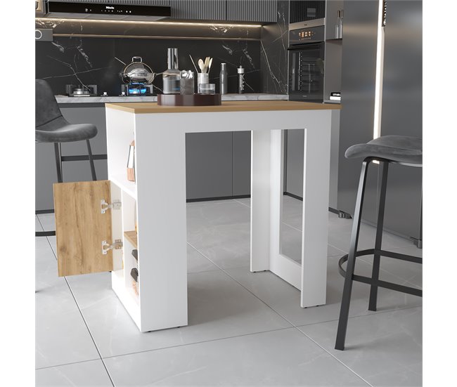 Ilha de cozinha Oviedo em melamina com mini armário de 1 porta e prateleiras laterais Natural/ Branco
