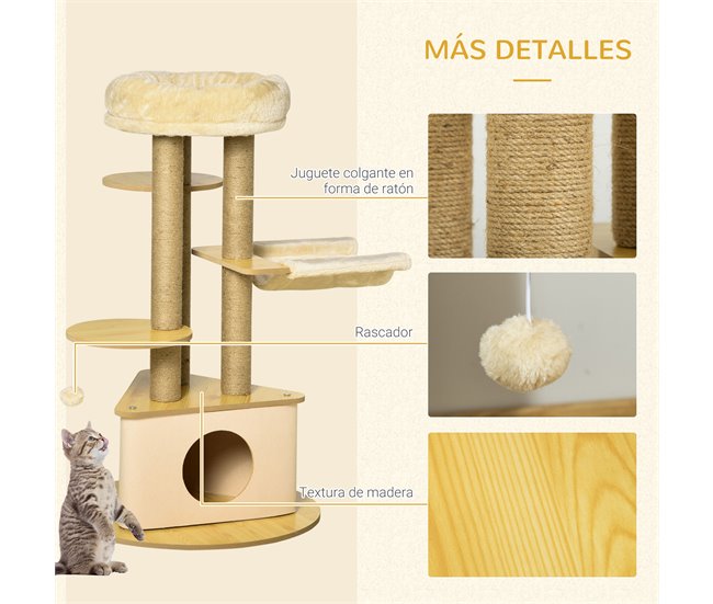 Árvore Arranhadora para Gatos MDF, Juta, Pelúcia e Feltro PawHut Bege