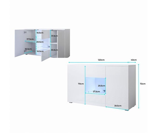 Aparador Sala de estar e jantar 3 portas LED Luke A2 120 Branco/ Preto