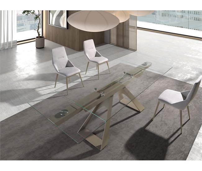 ANGEL CERDA Mesa de jantar extensível retangular em vidro temperado e aço cinzento taupe 240x100 Transparente