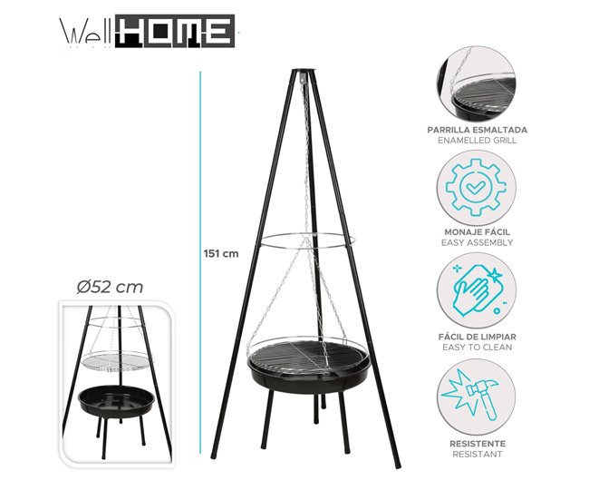 Tripé para churrasco Well Home com corrente e grelha Preto
