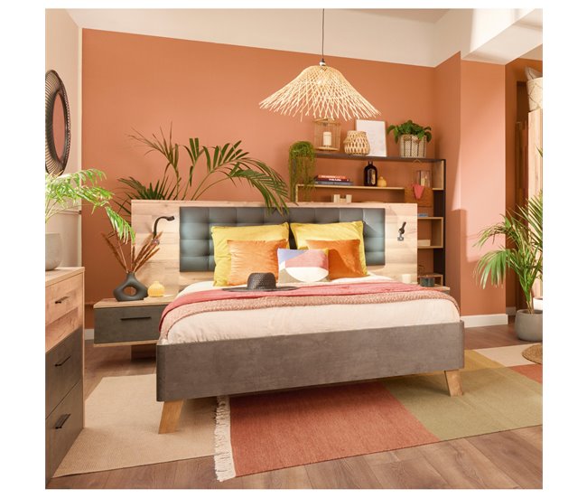 Conjunto cama com cabeceira e 2 mesinhas RICCIANO Carvalho