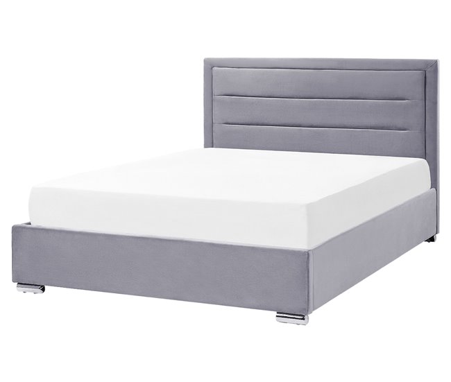 Beliani Cama com armazenamento Veludo ROUEN Cinza Escuro