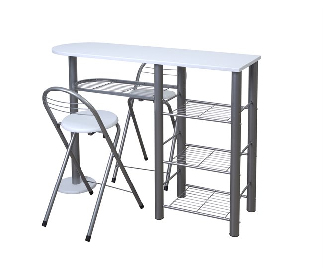 Conjunto balcão e 2 bancos de bar MALACCA II Branco/ Plateado