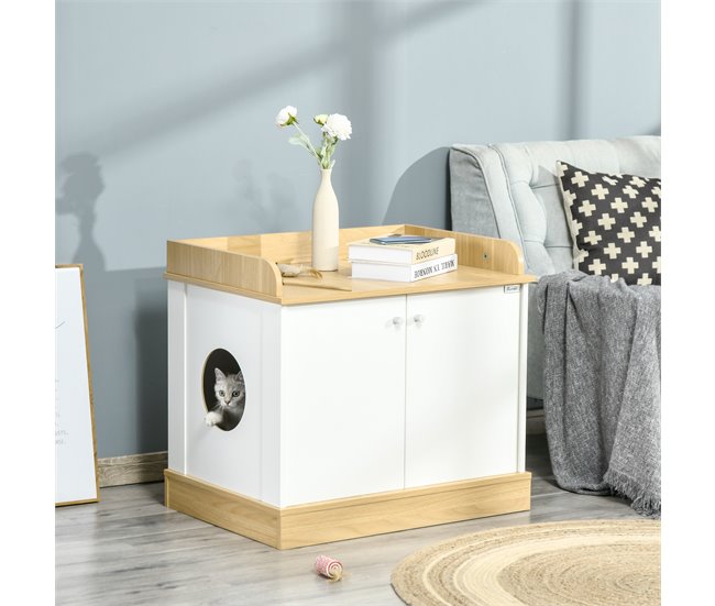 Casa para Gatos de Madeira Melamina de Madeira PawHut Natural/ Branco