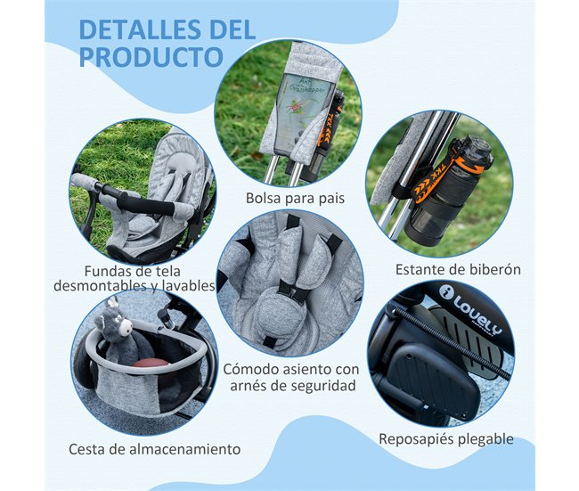 Triciclo para Bebés Metal, plástico e tecido de poliéster HOMCOM Cinza