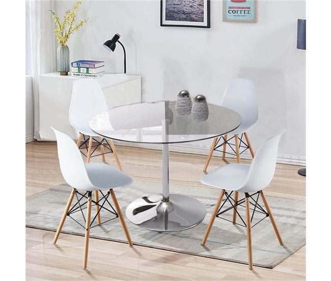 Pack Mesa Redonda de Vidro Temperado + 4 Cadeiras  Estilo Nórdico 90x90 Branco