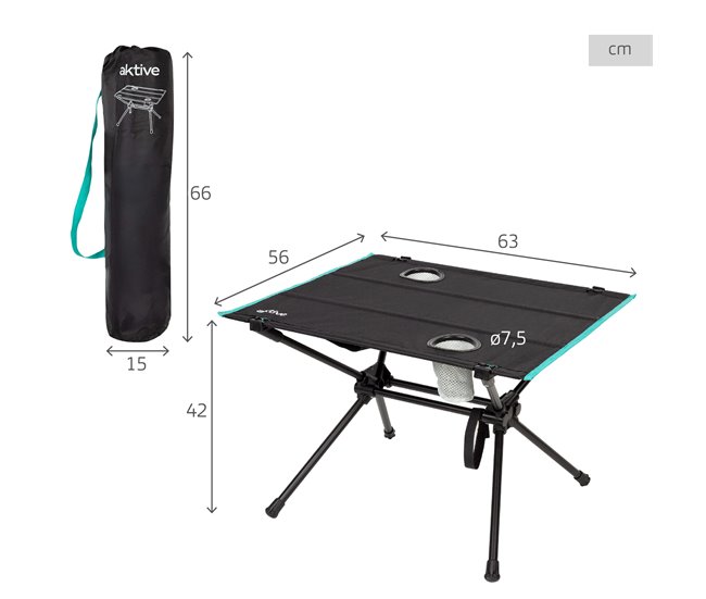Aktive Mesa de acampamento dobrável com porta-copos Preto
