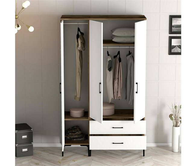 Armário de 3 portas com efeito madeira 120 Branco/ Madeira