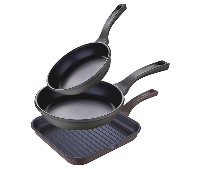 Conjunto de 2 frigideiras de alumínio fundido ø26ø28cm + grelha de alumínio forjado 28x28x4,5cm com indução total - 3claveles