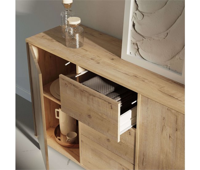 Aparador Oslo com 3 gavetas e 2 portas de abertura por pressão Madeira Clara