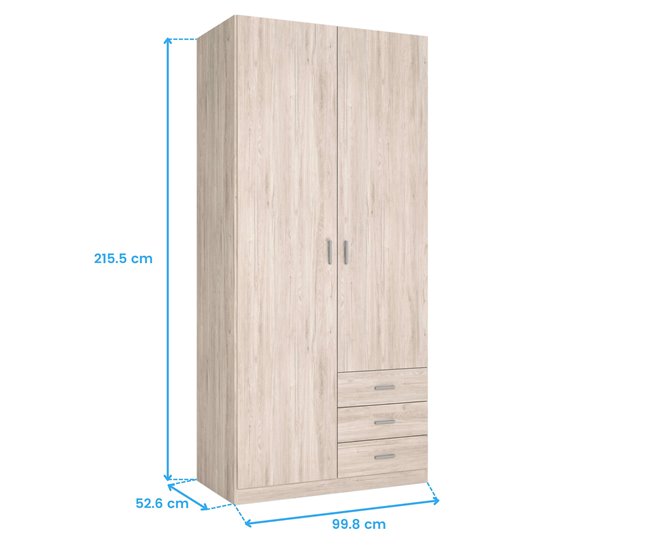 Guarda-roupa Roma com 2 portas e 3 gavetas, estilo moderno Madeira Clara