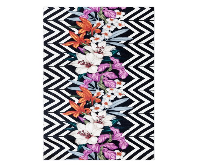 ANDRE 2300 Tapete flores zigzag antiderrapante 80x150 Preto