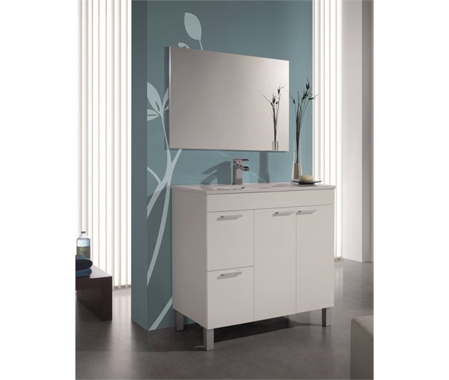 Armário de casa de banho com 2 portas, 2 gavetas e um espelho Dgabett 80 Branco Brillo