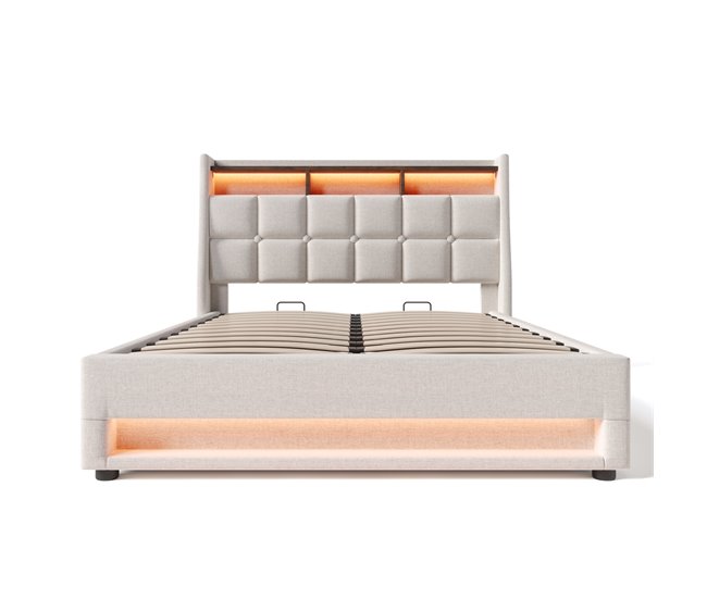 Cama estofada 160x200 cm - cama de casal com usb, led e estrutura metálica com estrado - bege