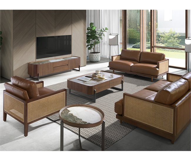 ANGEL CERDA Sofá de 3 lugares em pele castanha Nogal