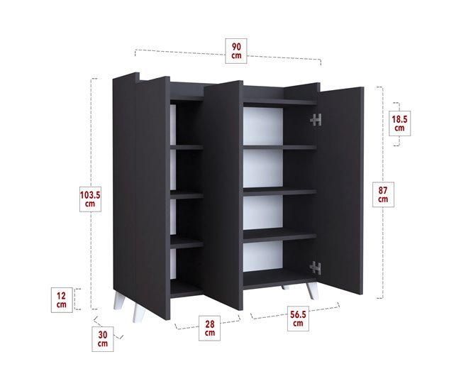Aparador Sirdal com 3 portas e 8 compartimentos em aglomerado 90 Antracite