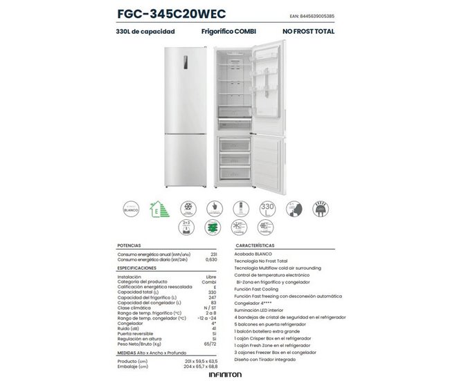 INFINITON Frigorifico Combinado FGC-345C20WEC, 330 l Branco