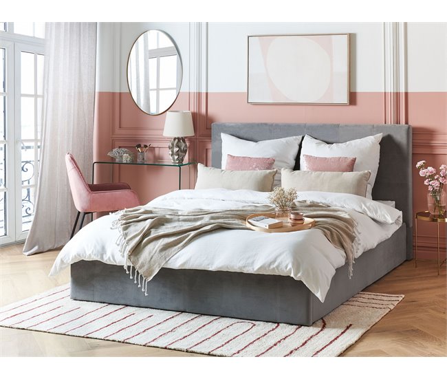 Beliani Cama com armazenamento Veludo LORIENT 177x216 Cinza Claro