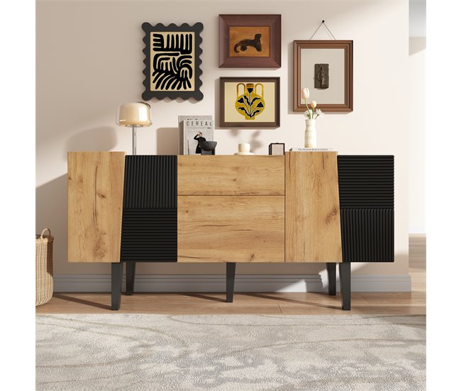 Aparador de painel de partículas com 4 portas e 2 gavetas Preto/ Madeira