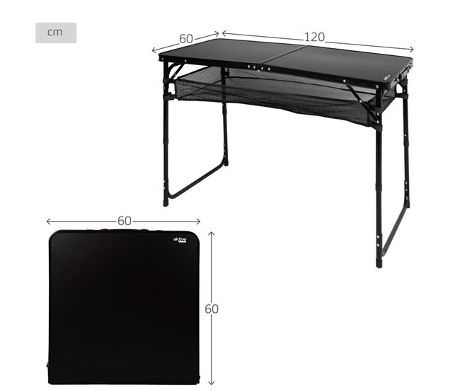 Aktive Mesa de acampamento dobrável, regulável em altura Preto